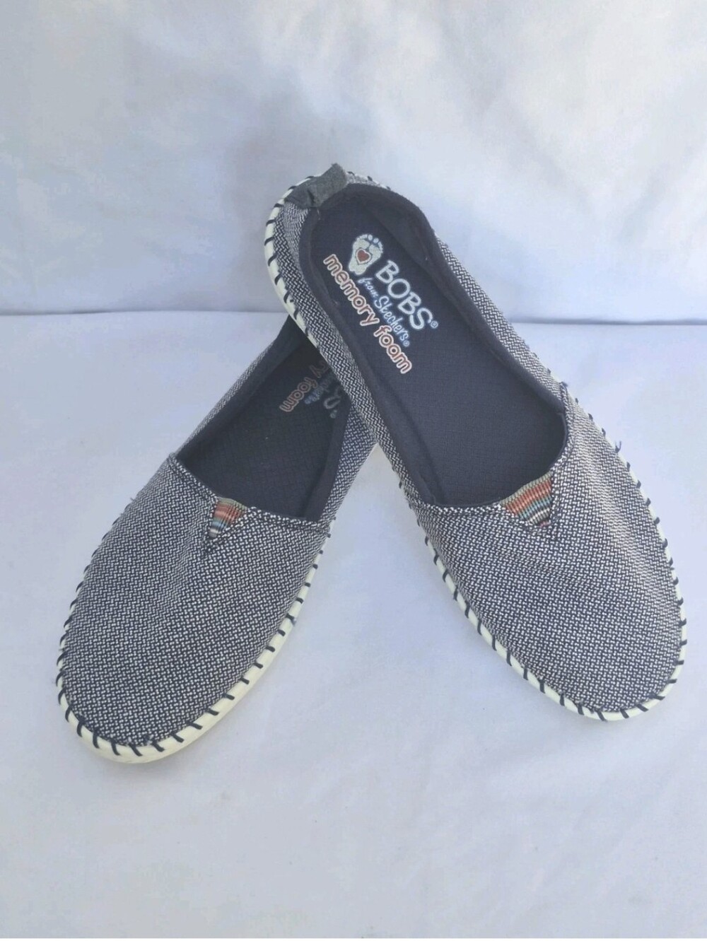 SKECHERS BOBS Navy Blue Woven MEMORY FOAM Slip-on Shoes Size 7